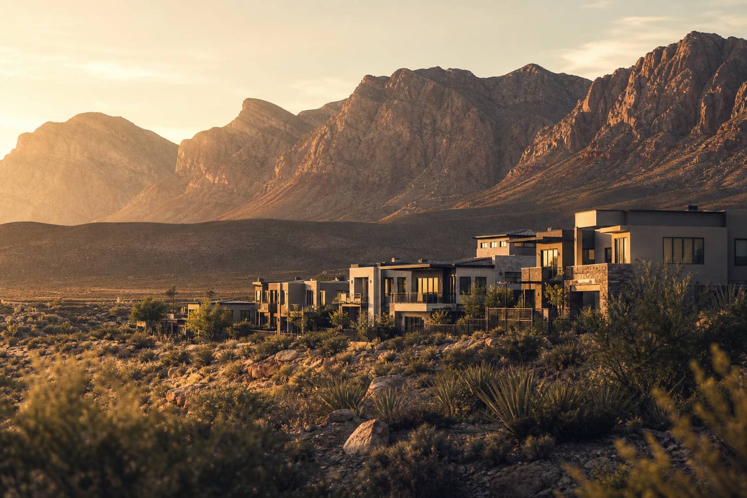 Aerial view of Arroyo at Skyeview townhomes with Red Rock Canyon in the background, Skye Canyon Las Vegas 89166