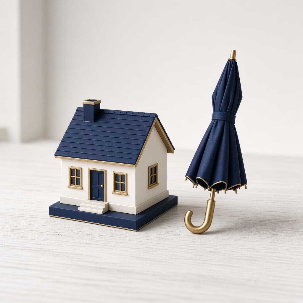 Model home and umbrella representing home insurance