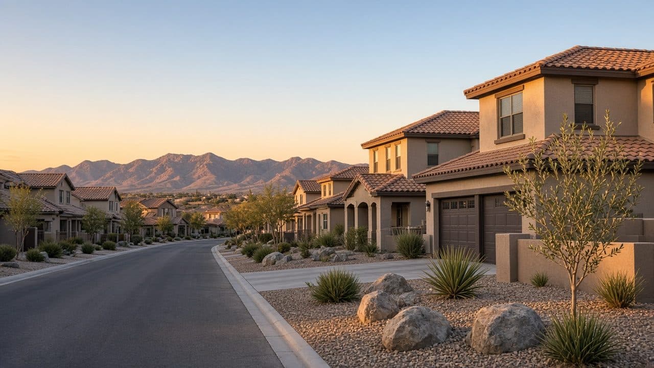 Settled northwest Las Vegas street of desert homes, illustrating a market of steady values rather than a crash