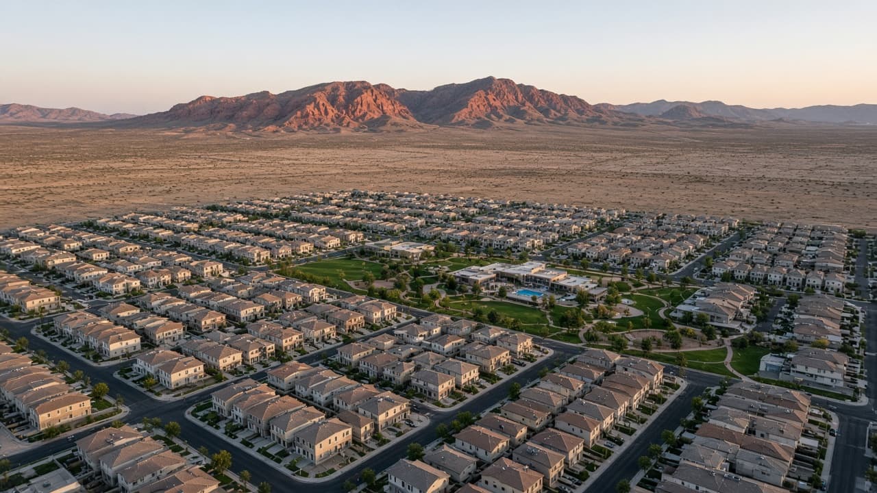 Aerial of Las Vegas metro communities, including northwest desert neighborhoods near Skye Canyon